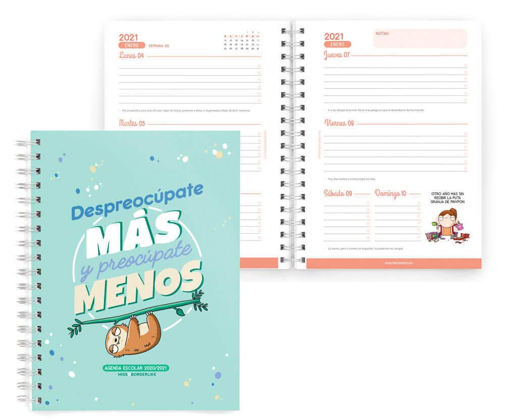 Rigid Spiral School Diary 155x213 mm Week View 2020 MissBorderlike No Worry Miquelrius Aquamarina Castilian