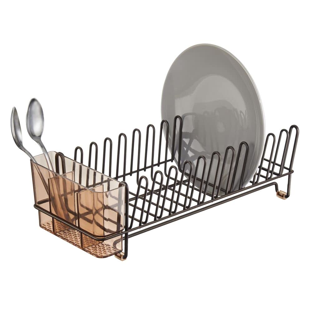 mDesign Dish Tray - Practical Draining Rack for Sink - Great Draining Rack - Up to 12 Plates and Cutlery - Bronze