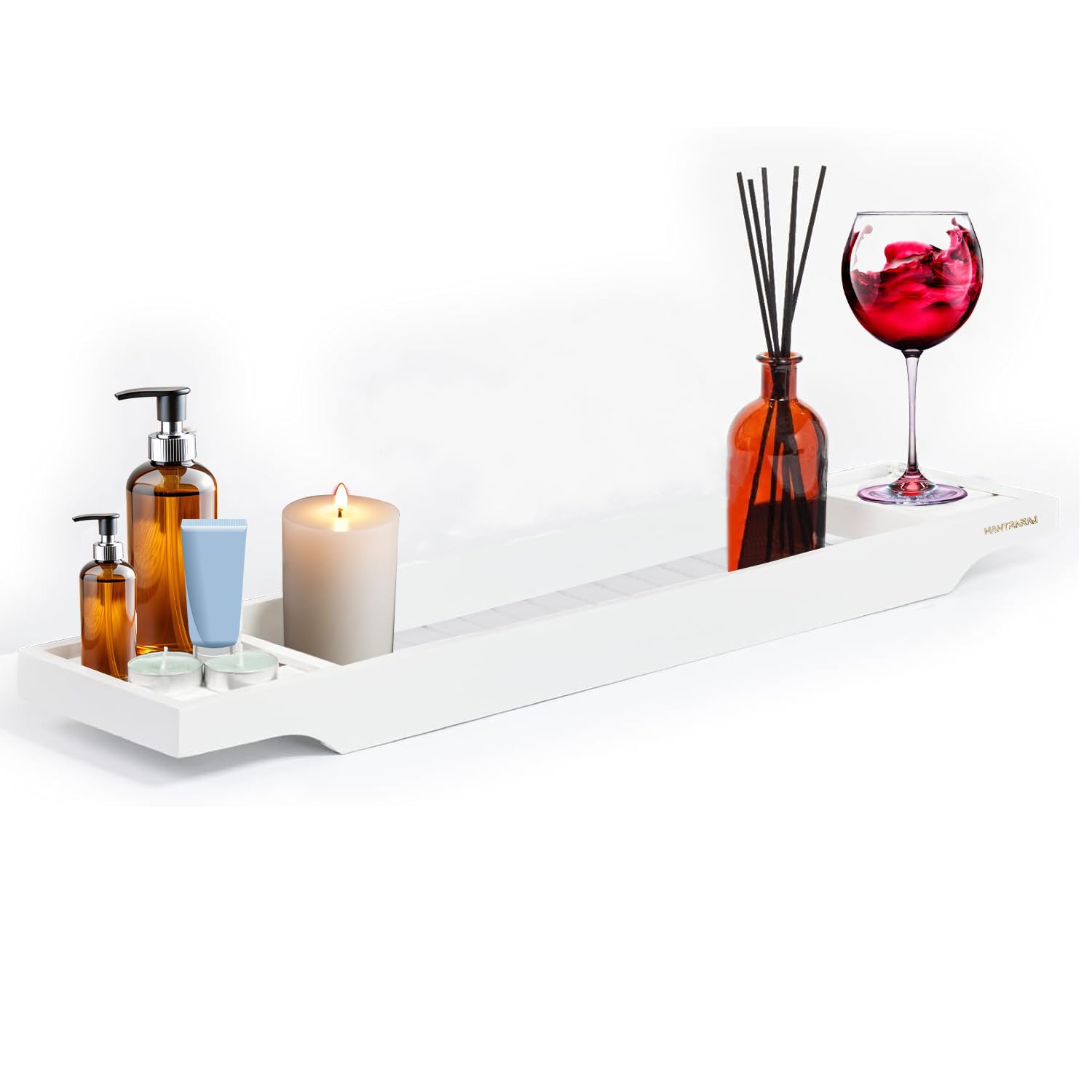 MantraRaj Bamboo Bath Caddy Tray Bridge Bath Tray Wooden Bathtub Rack Caddy Tidy Bathroom Shelf Organizer Storage Bath Table for Reading,Tablet, Wine Glass Bath Accessories (White)