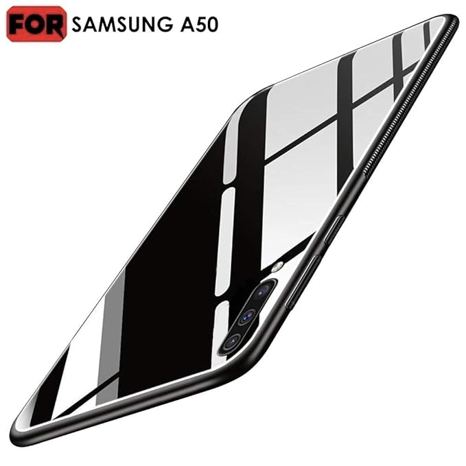 GoldKart Ultra-Slim Tempered Glass Back Cover with Edge Soft TPU Full Protective Case Cover for Samsung A50 (Samsung Galaxy A50, Black Glass)