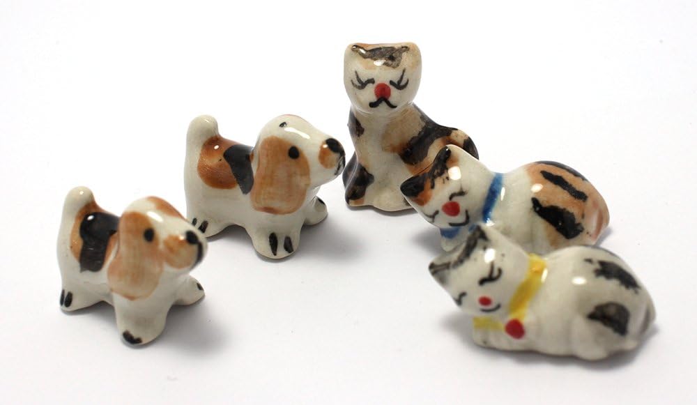 Mini Dog Cat Figurine Dollhouse Miniatures Animals Ceramic Collectible Figurine set 5 pcs.