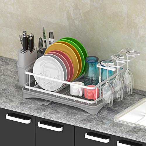 Dish Drying Rack, Veckle Dish Rack with Drain board, Wine Glass Holder