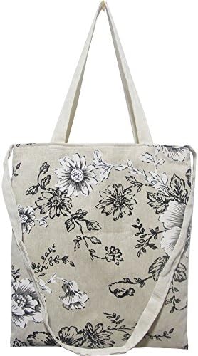 FashionBoutique Extra Large Heavy Duty Cotton Canvas Reusable Shopping Tote Bag or daily use bag with beautiful pattern and Inner Pocket. (Black and White (Flower))