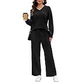 Simlakey Women's 2 Piece Casual Lounge Sets Fall Travel Outfits V Neck Side Slit Tracksuit Wide Leg Loungewear Sweatsuit