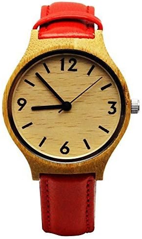Handmade Wooden Watch Made with Natural Bamboo Wood in Red Cowhide Leather Strap - HGW-151