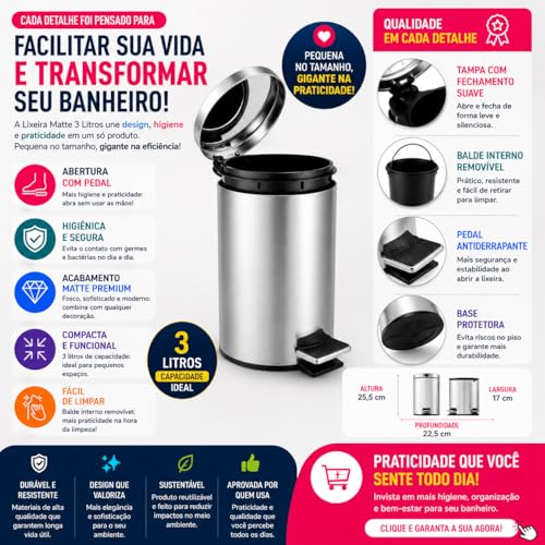 Lixeira Com Pedal E Tampa 12 Litros Aço Inox Para Cozinha E Banheiro