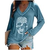 Fronage Womens Rhinestone Skull Tank Tops Long Short Sleeve Summer V Neck Sleeveless Shirts