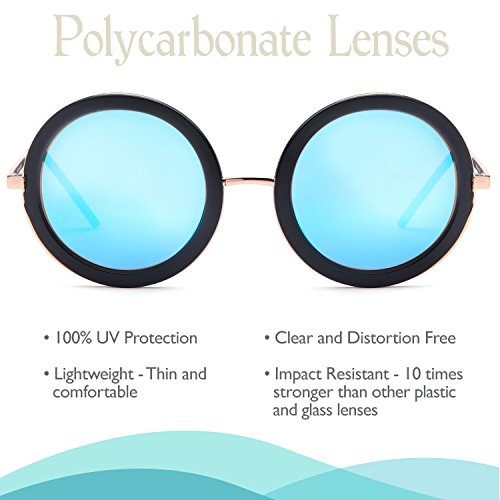 SUN LOUNGER UV400 Vintage Retro Round Style Sunglasses for Women Mirror Lens and Metal Frame with Spring Hinge – Mirror Blue Lens on Gold & Black Frame