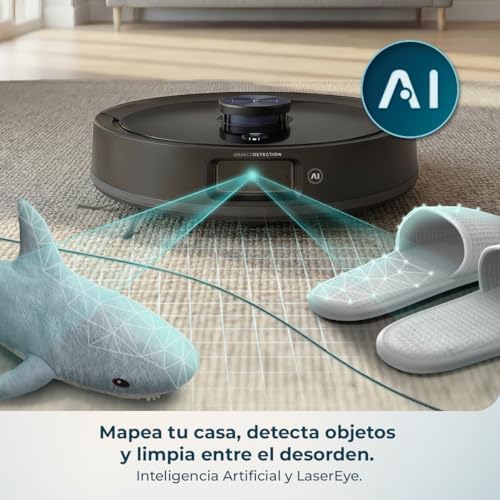 Robot Aspirador y Friegasuelos con Base Autovaciado e IA Conga Y90 Dark. Navegación Láser, 25000Pa, Autonomía 240min, Cepillo Silicona para Mascotas, Bolsa de Polvo 3L, Bluetooth y WiFi, App