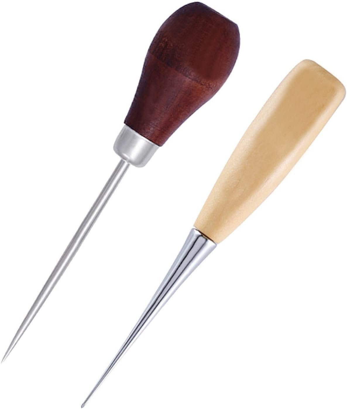 ZKSXOA Wooden Handle Hole Punch, Pack of 2, Leather Gourd Shape Tailors Awl, No Eye DIY Punch, Hand Sewing Tools for Leather Processing