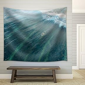 The Boat in Blue Ocean with Wave - Fabric Wall Tapestry Home Decor - 51x60 inches