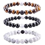 Top Plaza Unisex 8mm Agate Opalite Tiger Eye's Stone Beaded Bracelet, Healing Energy Balance Beads, 6-7 Inches(Pack of 3)