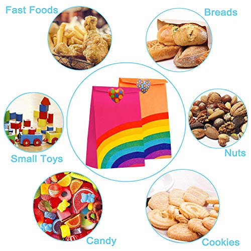 40 Pieces Rainbow Party Favor Bags Kraft Paper Bag Paper Candy Goody Bag for Kids Birthday Parties, Wedding, Carnivals, Celebrations, Classroom Party - with A Roll of 100 Heart Stickers