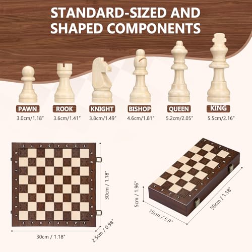 Peradix Portable Magnetic Chess Set - Small Foldable Travel Chess Board with Extra Checkers 30cm - Magnetic Wooden Chess for Kids, Travel and Camping