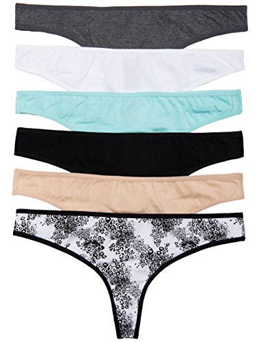Caramel cantina 6 pack cotton spandex thongs (large, basic/flower…