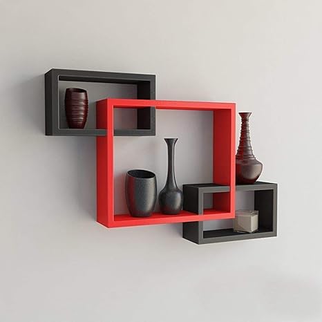 RjKart Wall Mounted Shelf Set of 3 Floating Intersecting Storage Display Wall Shelves - (Red & Black)