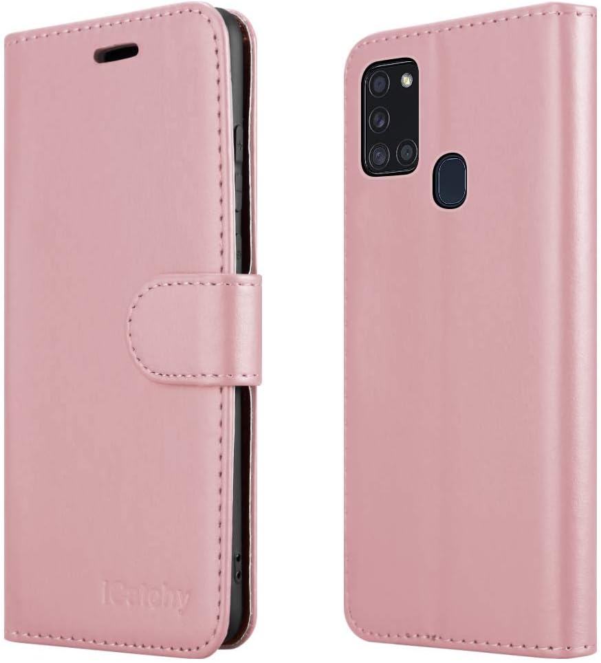 iCatchy For Samsung Galaxy A21s Case Leather Wallet Book Flip Folio Stand View Cover compatible with Samsung Galaxy A21s (6.5") Phone Case (Rose Gold)