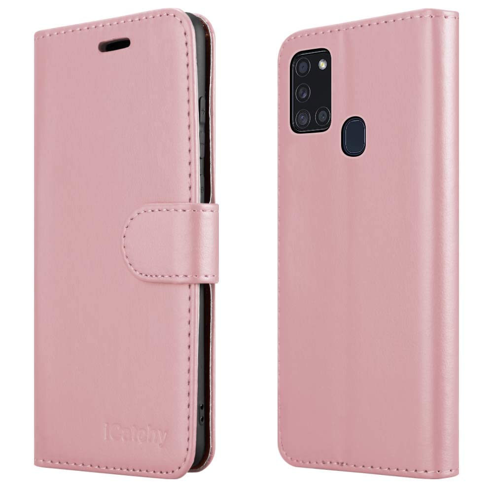 iCatchy For Samsung Galaxy A21s Case Leather Wallet Book Flip Folio Stand View Cover compatible with Samsung Galaxy A21s (6.5") Phone Case (Rose Gold)