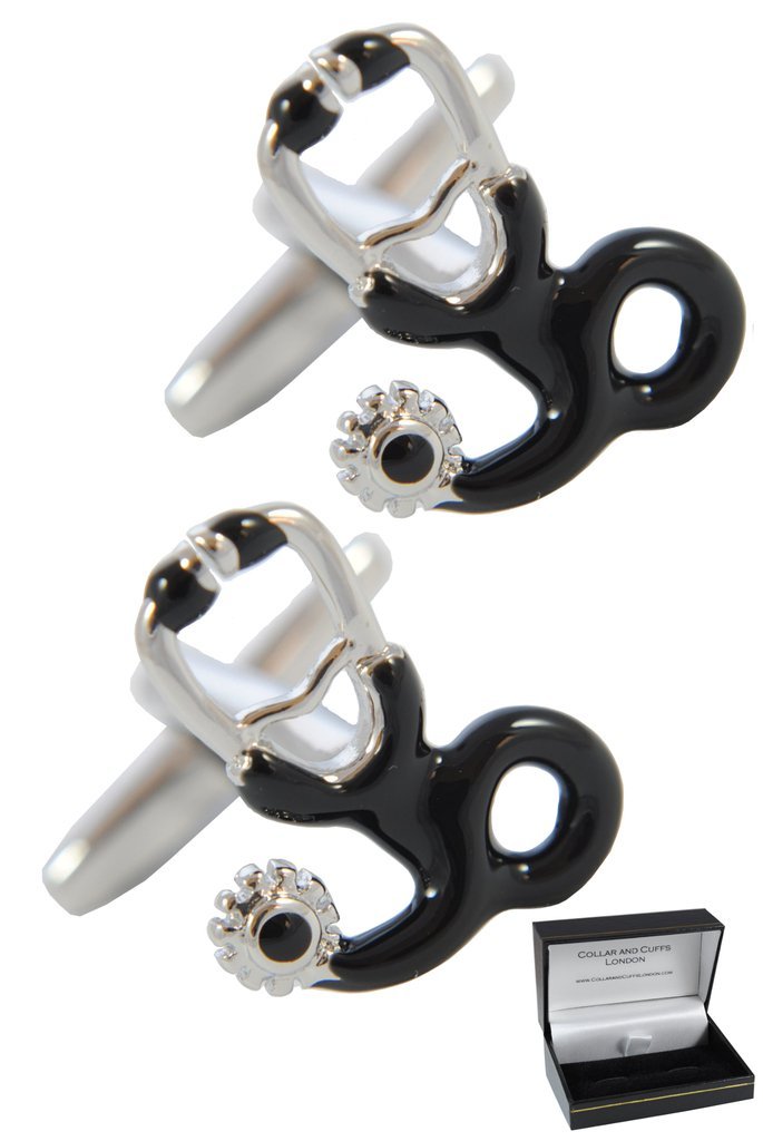 Cufflinks for Men + Presentation Box - Doctor - Stethoscope Medical - Brass Metal - Nurse Hospital Consultant GP - Silver and Black Colours - One Pair