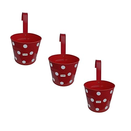 Kraftsplanet Garden Decor Set of Three Polka Design Railing with Detachable Hooks and Handle Planters.