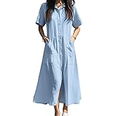 chouyatou Women's Summer Short Sleeve Button Down Shirt Dress A-Line Flared Maxi Long Beach Casual Dress