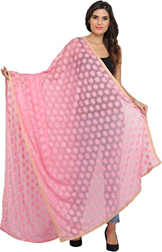 Exotic India Phulkari Dupatta from Punjab with Embroide - Color Candy Pink