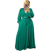 Plus Size Women's 2 Piece Outfits Casual Long Sleeve Wrap Crop Top Maxi Long Dress Flowy Matching Sets