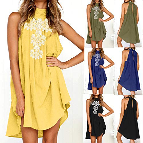 Mysky Women Summer Popular Bohemian Sweet Floral Halter Sleeveless Irregular Hem Pure Color Mini Dress Yellow