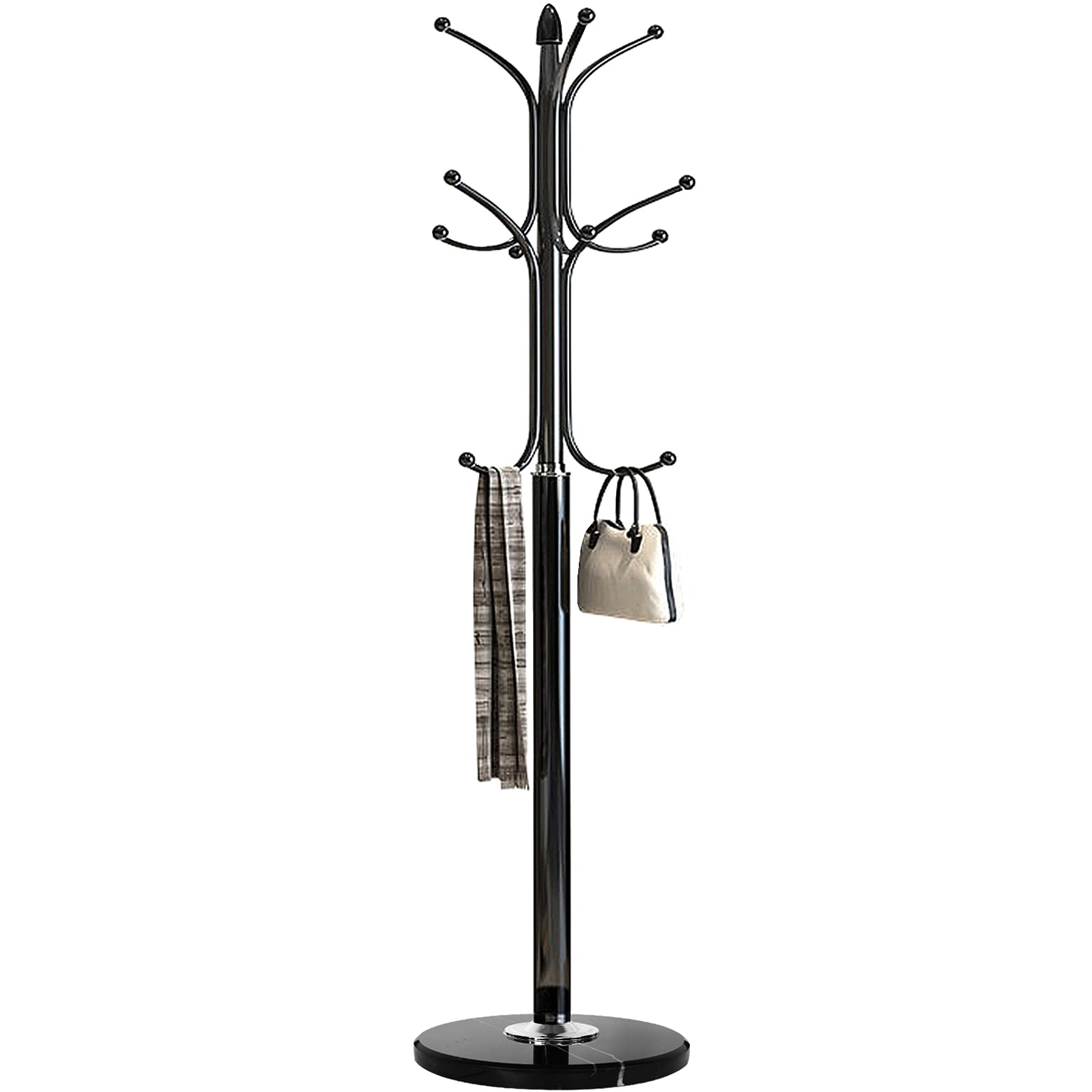 Photo 1 of Kertnic Metal Coat Rack Stand with Natural Marble Base, Free Standing Hall Tree with 12 Hooks for Hanging Scarf, Bag, Jacket, Home Entry-way Hat Hanger Organizer (Black)