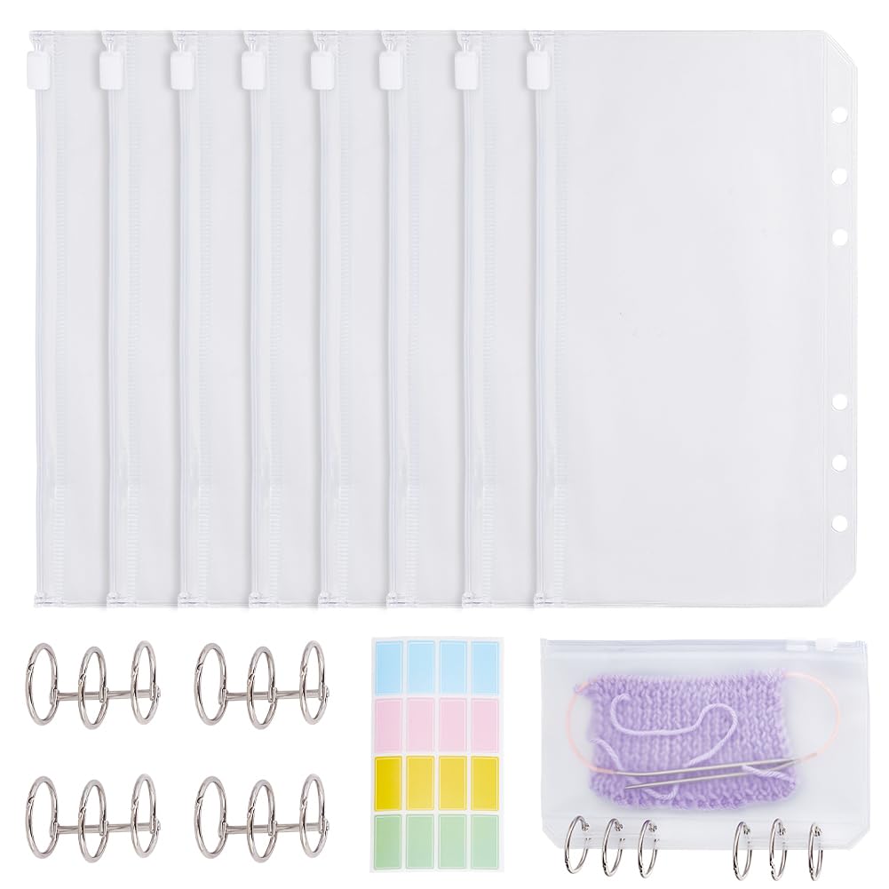 INFUNLY 40PCS A6 Binder Pockets Clear Knitting Needle Case 6 Hole Self-Sealing Binder Bag 7x4 Waterproof PVC Pouch with 10 Sheets Sticker, 4pcs Binder Ring for Collecting Sorting Jewelry Storage