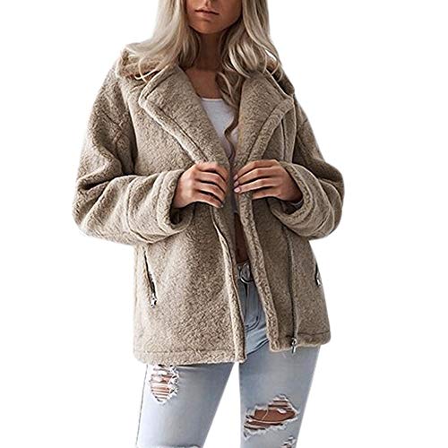 Sanyyanlsy Women's Notched Neck Zip Up Casual Jacket Shaggy Tops Winter Ladies Thermal Parka Outercoat Coat with Pockets Khaki - Thumbnail 6