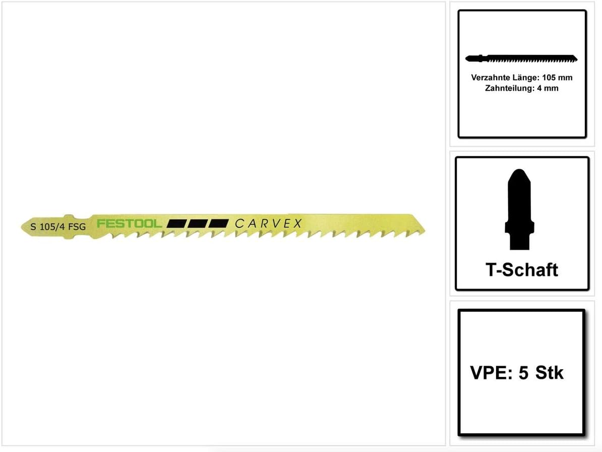 Festool 204327 Jigsaw Blade 5-Pieces, 4 mm Tooth Pitch, 105 mm Tooth Length, Multicolour, Size
