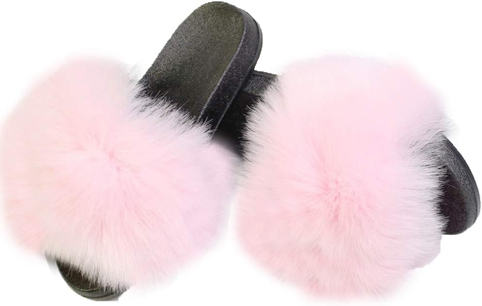 DAYISS Women Faux Fox Fur Slippers Summer Feather Open Toe Single Strap Slip On Sandals