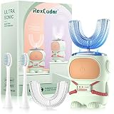 RexCodar Ultrasonic Kid's U-Shaped Electric Toothbrush, IPX7 Waterproof, Five Cleaning Modes, Cartoon Astronaut, 60S Smart Reminder (6-12 Age (Green))