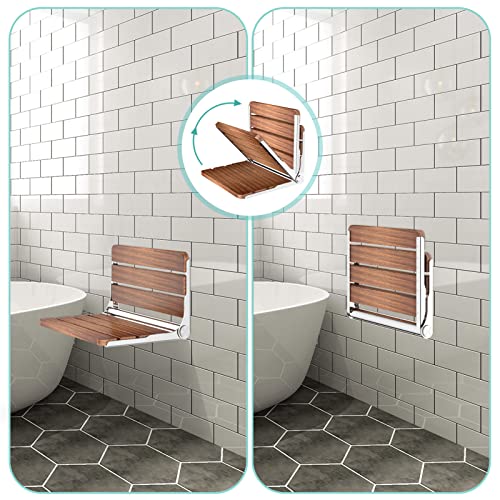 Heuffe Folding Wall Shower Chair – Capacity 200 kg Ergonomic Backrest, Non-Slip Elderly/Disabled, Folding Bench Sapeli Wood