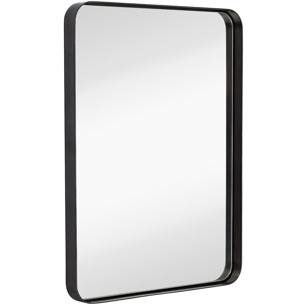 Hamilton Hills Contemporary Brushed Metal Wall Mirror | Glass Panel Black Framed Rounded Corner Deep Set Design | Mirrored Rectangle Hangs Horizontal or Vertical (22" x 30")