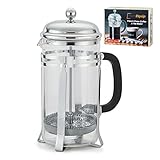 French Press Coffee Maker - Heat Resistant Borosilicate Glass Pot and Stainless Steel Triple Filter - Bonus Strainers, Spoons, Cleaning Brush and Gift Box - 8 Cups - by HomeEquip
