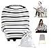Baby Car Seat Cover Canopy | Nursing Cover (Multi-Use 4-1 Stretchy) Infinity Nursing Scarf | Grocery Shopping Cart Cover | High Chair Covers (Grey White Stripe) Unisex Baby Shower Gift