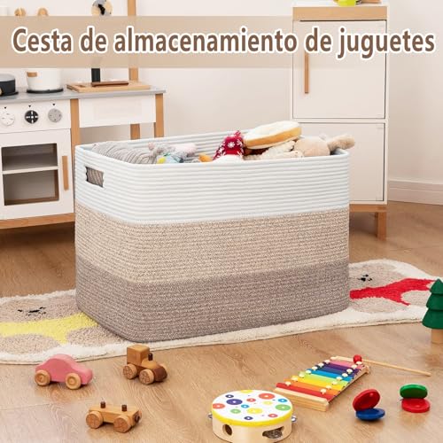 NUIO Canastas Organizadoras, Cesta de Manta Grande 55x43cm, Organizador de Pañales para Bebe, Cesta de Manta de Cuerda de Algodón para Sala de Estar, Lavandería, Guardería, Almohadas (khaki)