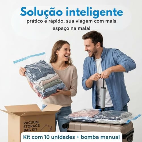Kit 10 Sacos a Vácuo 50x60 Resistente com Bomba Manual Reutilizável Proteção Contra Poeira e Odores Economia de Espaço para Roupas e Viagem