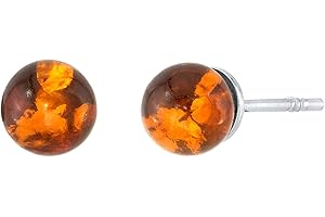 Peora Genuine Baltic Amber Ball Stud Earrings 925 Sterling Silver, 5-7mm Solitaire, Rich Cognac Color, Friction Backs, 100% Natural from Baltic Region, Real Baltic Amber Jewelry for Adults