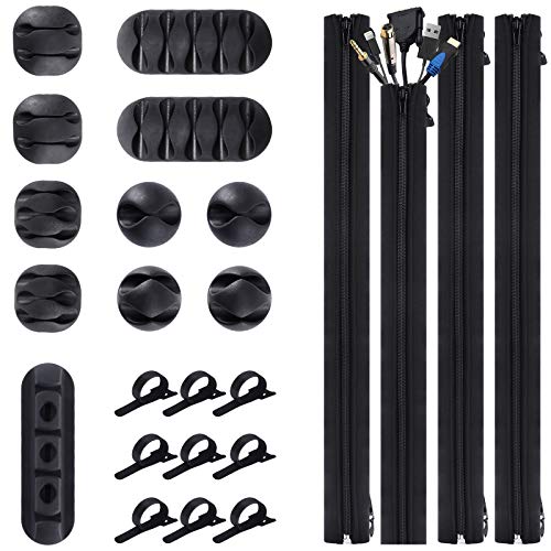 Cord Management Organizer Kit 4 Cable Sleeve with 10 Pack Self Adhesive Black Cable Clip Holders