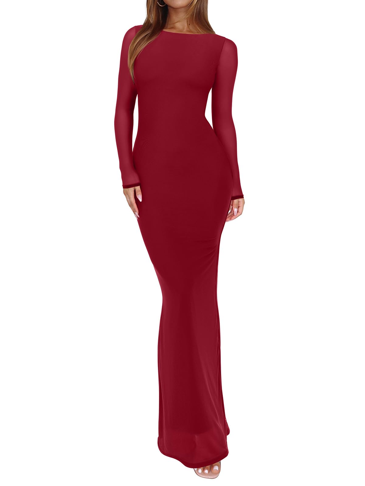 Photo 1 of (XL) REORIA Women's Spring Mesh Sheer Long Sleeve Wedding Guest Dress Sexy Floral Bodycon Maxi Long Dresses Emboldened X-Large