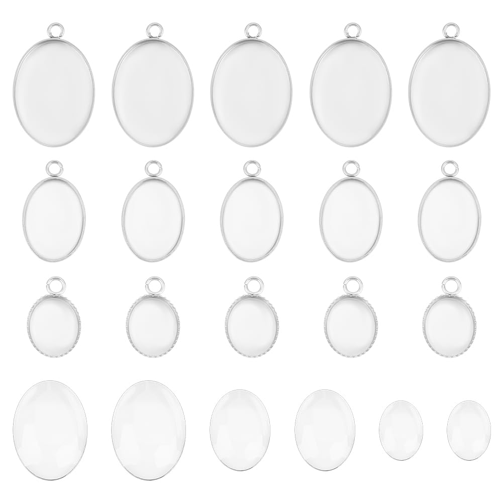 UNICRAFTALE 30 Sets Oval Cabochon Pendant 304 Stainless Steel Blank Bezel Charms Trays Settings with Oval Glass Cabochons Bezel Blanks Tray ​for Photo Pendant Craft Jewelry Making