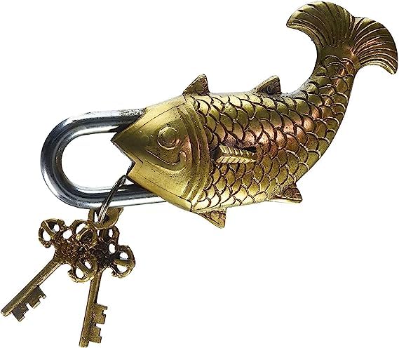 Brass Functional Padlock Collectible Golden Security Key Locks (Fish Lock)(Golden)
