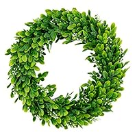 Bhappy Artificial Green Leaves Wreath Boxwood with Bodhi Fruits 15 inches for Outdoor Indoor Front Door Home Wall Window Wedding Farmhouse Decor