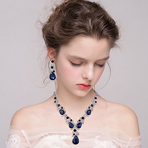 BriLove Wedding Bridal Necklace Earrings Jewelry Set Multi Teardrop Cluster Crystal Statement Necklace Dangle Earrings Set Navy Blue Sapphire Color Silver-Tone