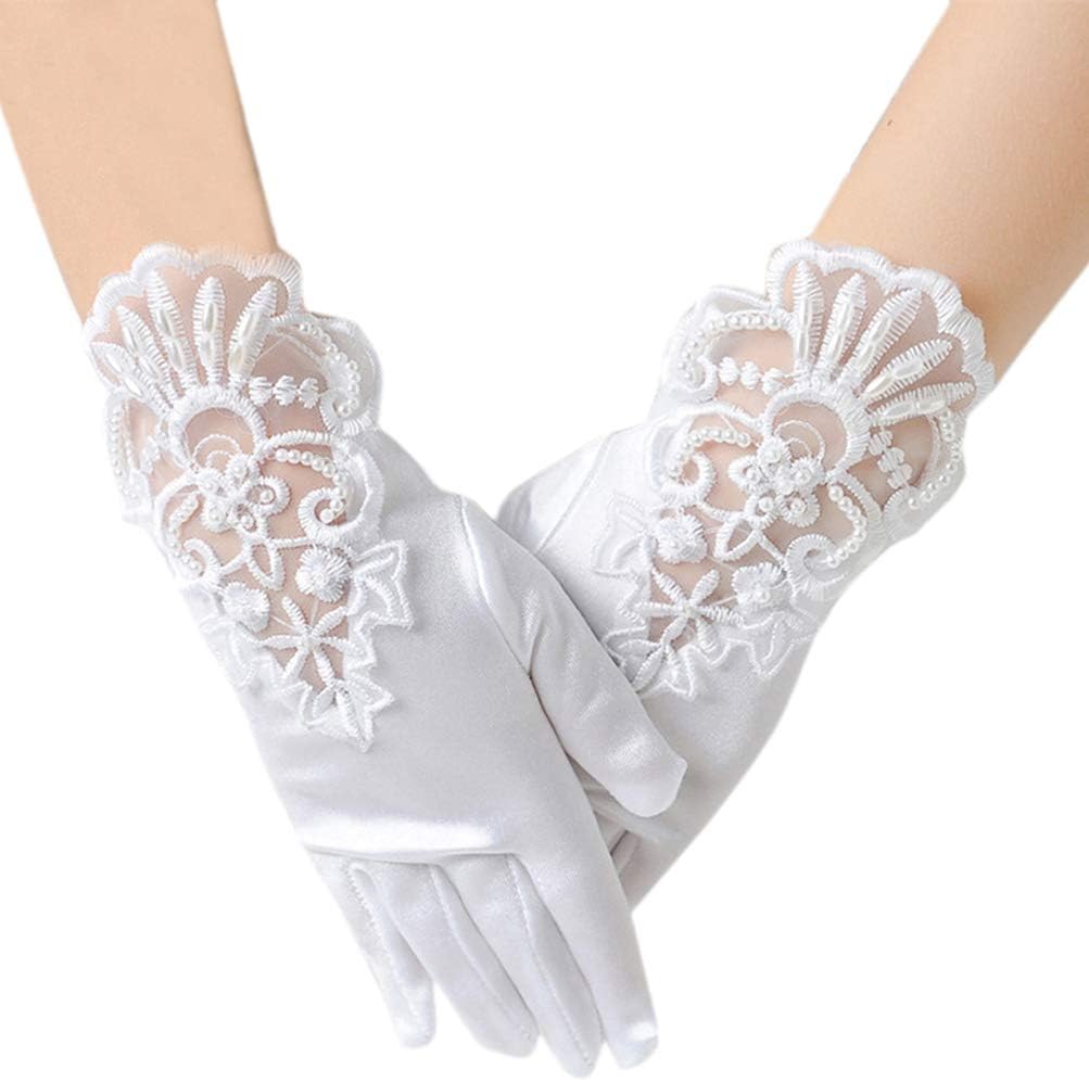 LeJulyeekayFlower Girl Gloves Lace Bead Short White Princess Gloves for Wedding