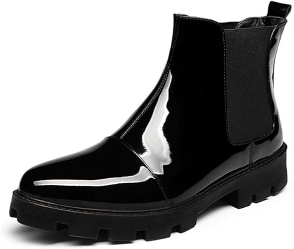 Amazon ジョイジョイ チェルシーブーツ ハイカット メンズ ショートブーツ エナメル 防水 マーティン 厚底靴 カジュアル サイドゴア ストレート系 お洒落 ミドルカット 滑りにくい 防寒 冬 メンズファッション 黒 紳士靴 Joyjoy ジョイジョイ ブーツ