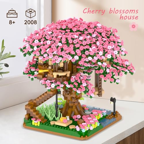 Uniiking® Cherry Blossom Tree Building Set, (2008pcs) Flowers Bonsai Mini Blocks Kit for Adult, Japanese Sakura-Tree House Building Blocks Set, Gift Ideas for Girls 8+
